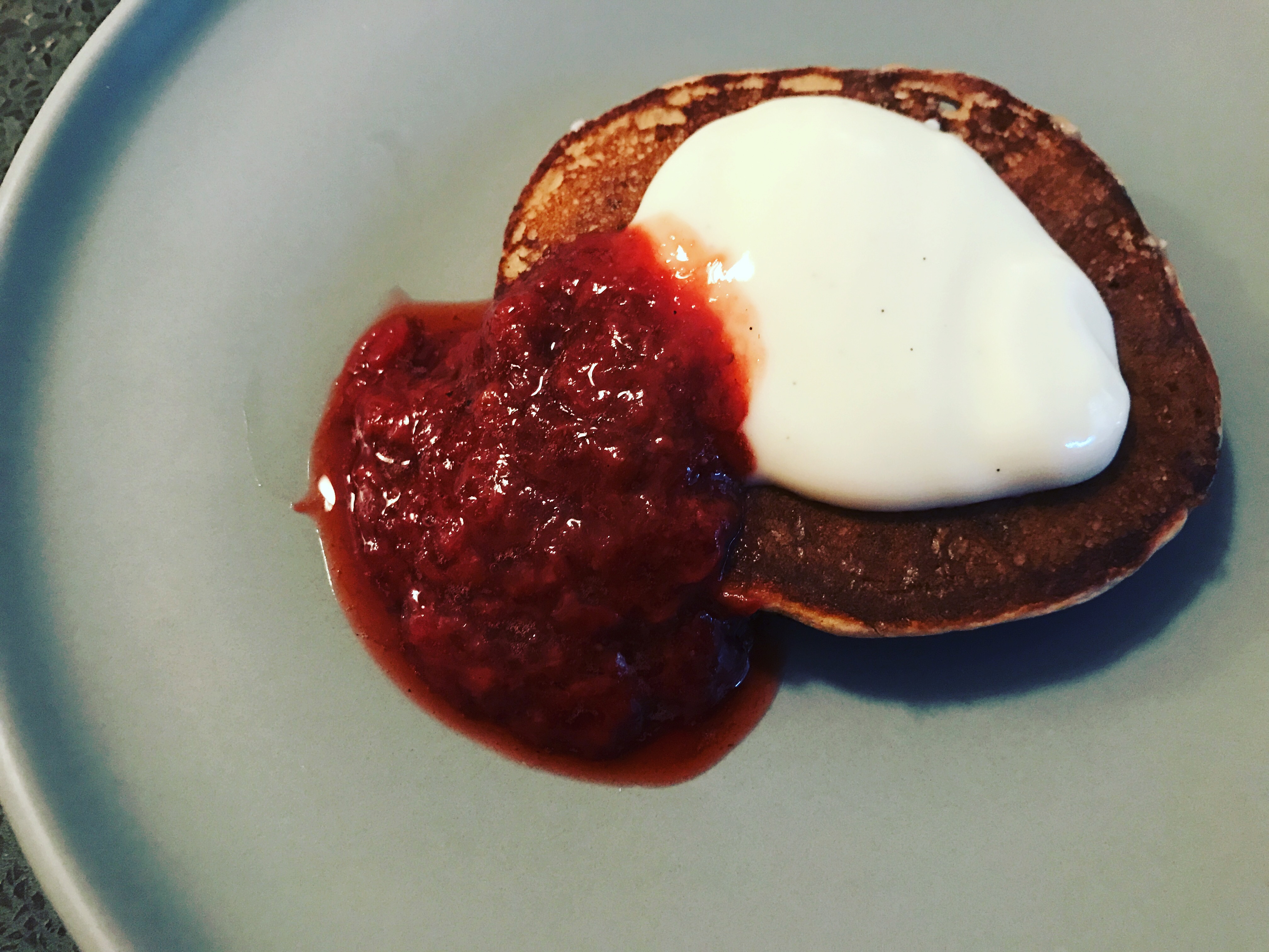 Chocolate Protein Pancakes with Strawberry Sauce